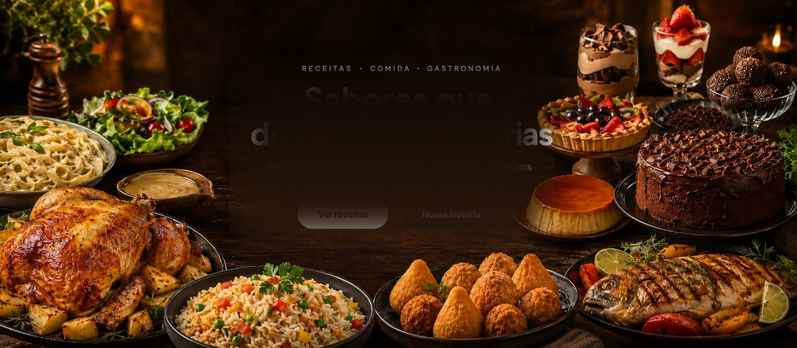 Mesa farta com pratos variados: aves assadas, saladas, arroz, coxinhas, peixe grelhado e sobremesas